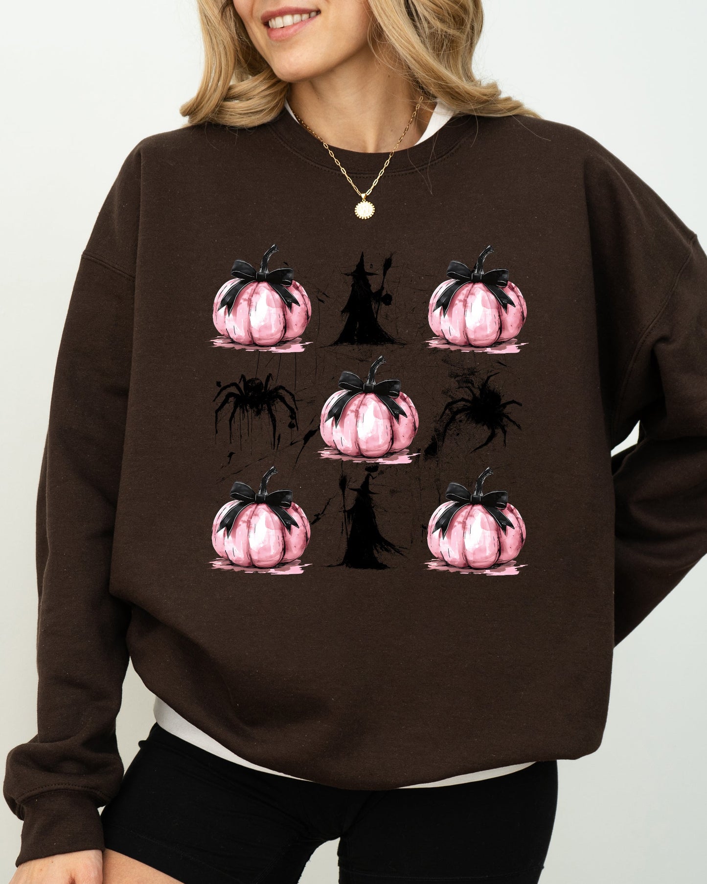 Witch, Spiders, Pumpkins, Spooky Coquette Ribbons and Bows, Halloween, Autumn, Fall Sweatshirt