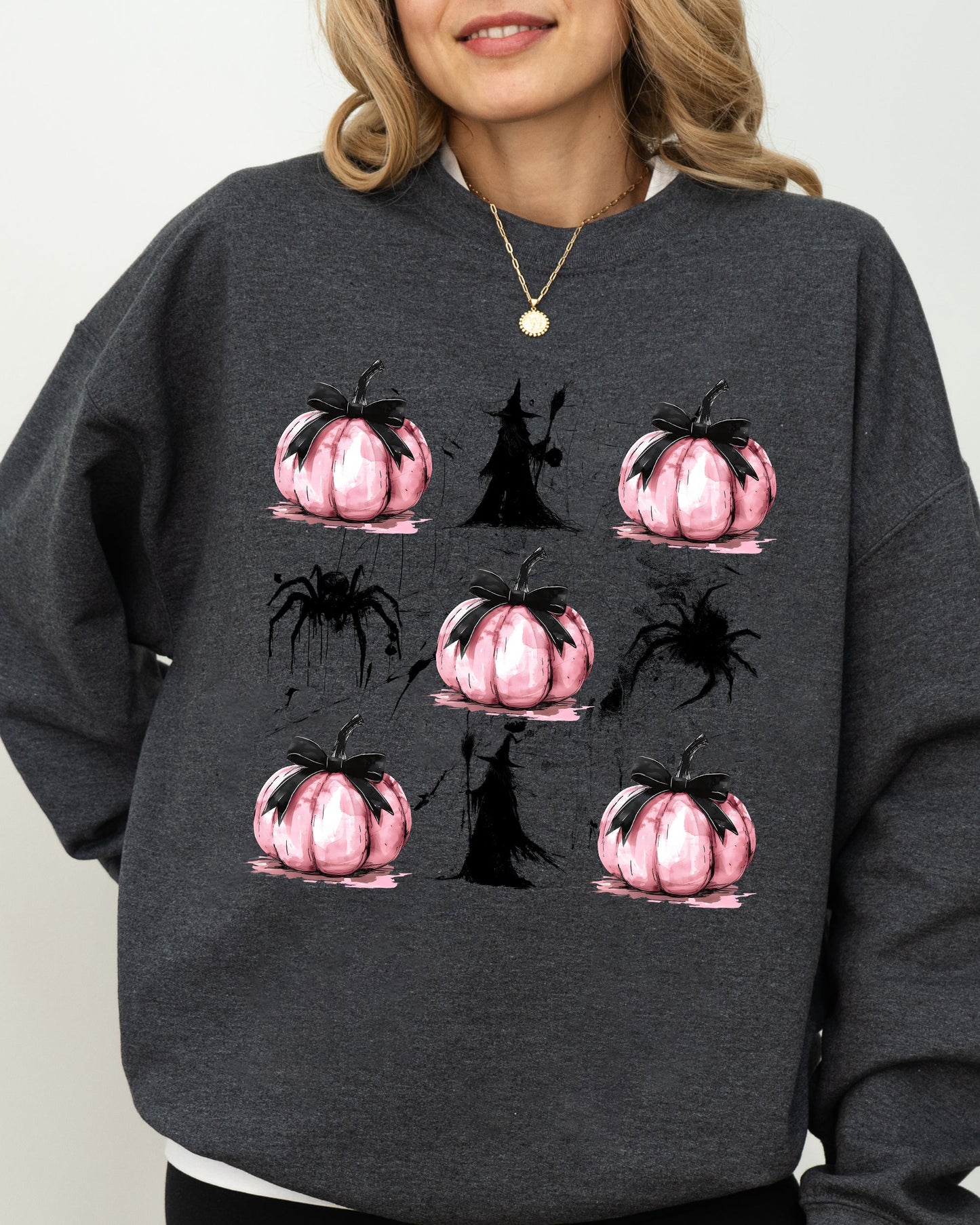 Witch, Spiders, Pumpkins, Spooky Coquette Ribbons and Bows, Halloween, Autumn, Fall Sweatshirt