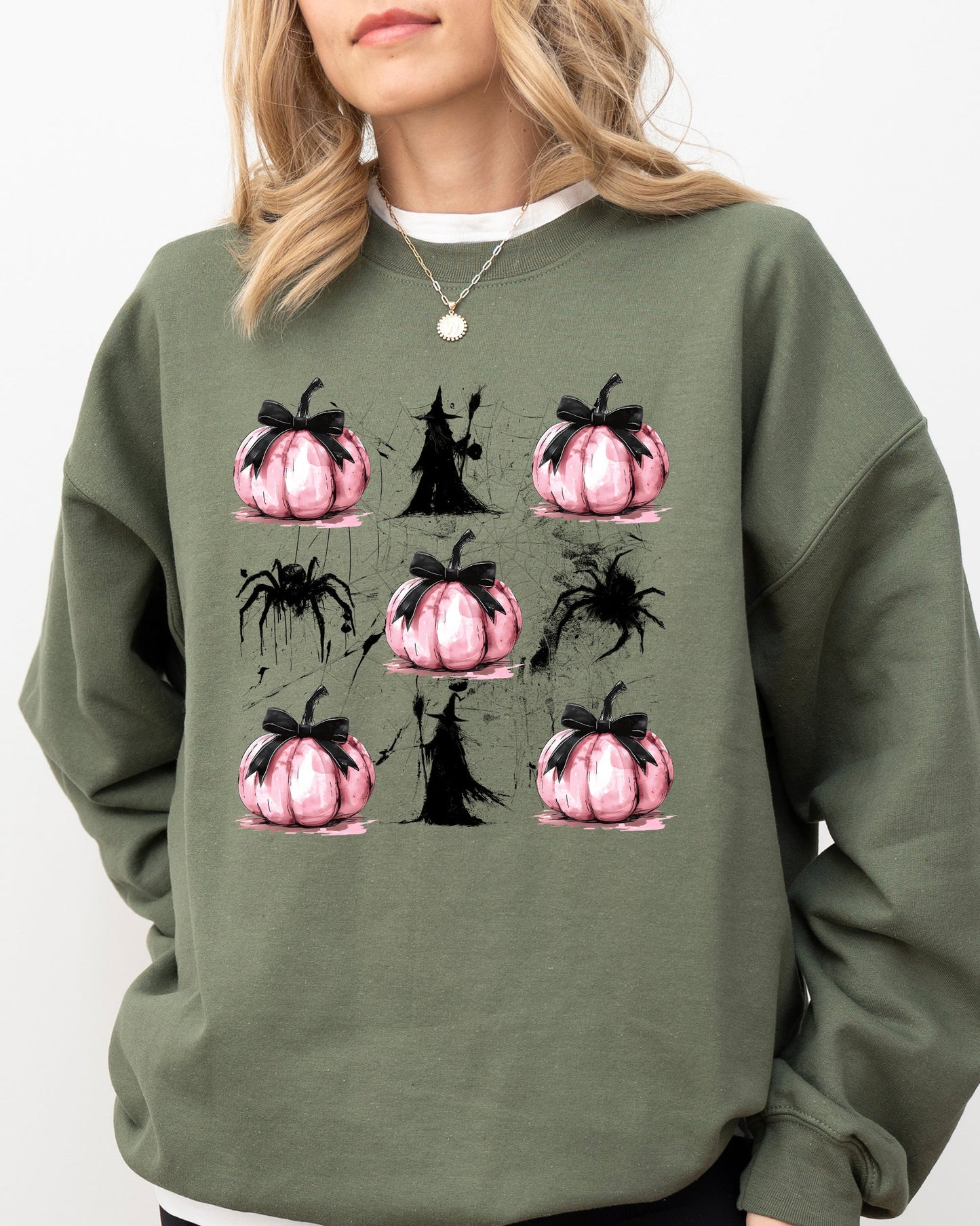 Witch, Spiders, Pumpkins, Spooky Coquette Ribbons and Bows, Halloween, Autumn, Fall Sweatshirt