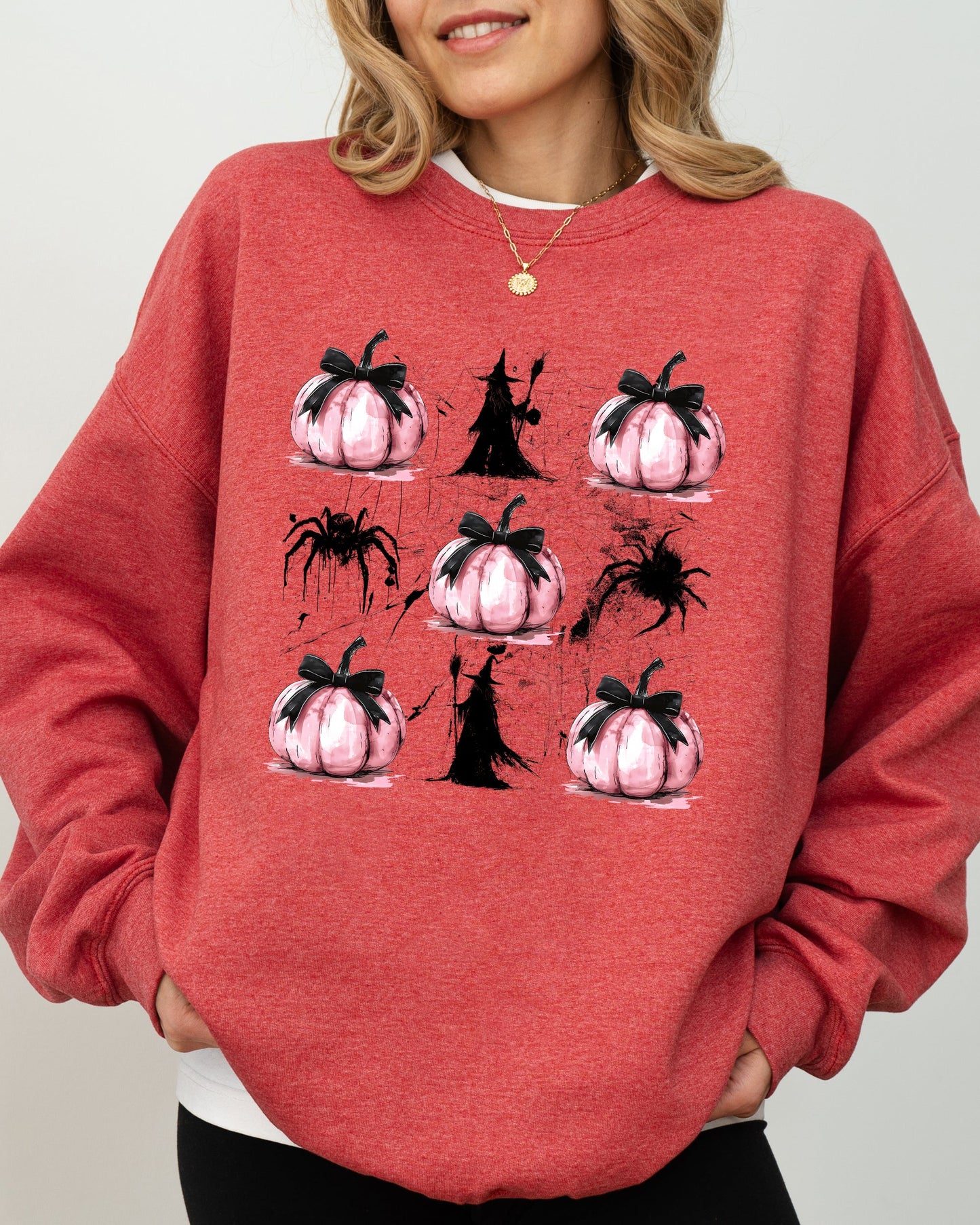 Witch, Spiders, Pumpkins, Spooky Coquette Ribbons and Bows, Halloween, Autumn, Fall Sweatshirt