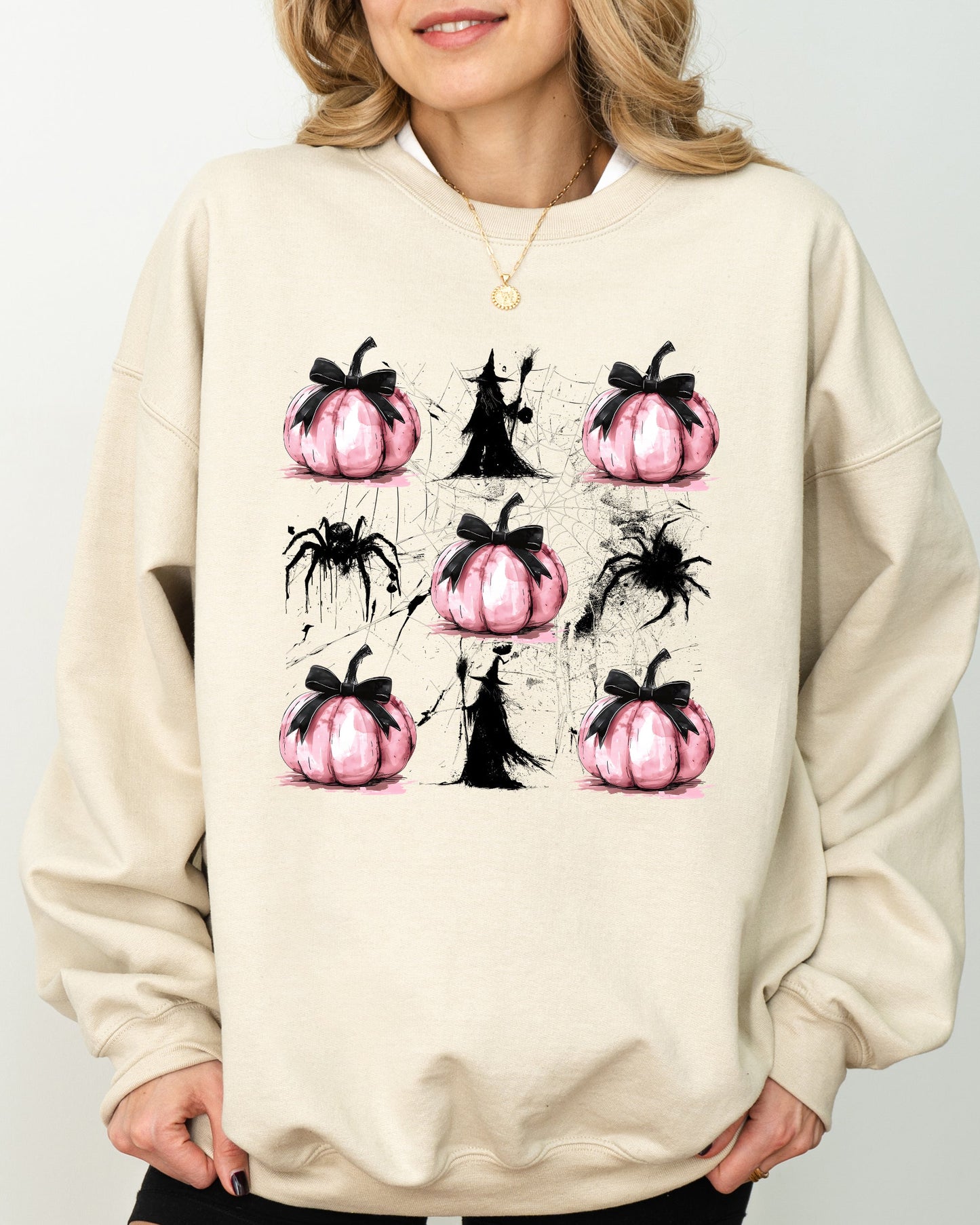 Witch, Spiders, Pumpkins, Spooky Coquette Ribbons and Bows, Halloween, Autumn, Fall Sweatshirt