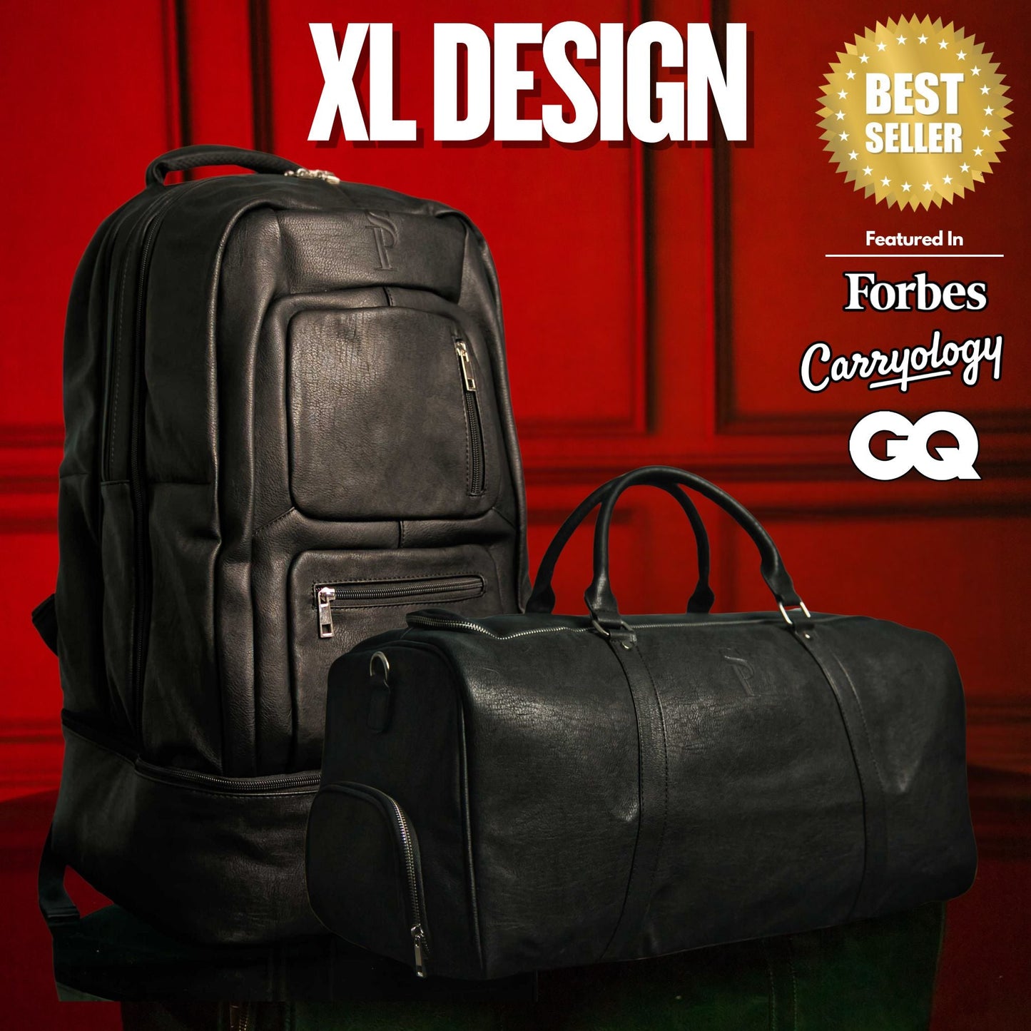 Black Tumbled Leather XL Signature Backpack and Duffle Bag Set