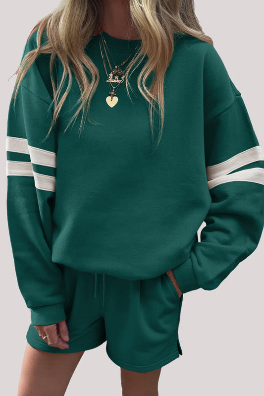 Varsity Striped Sleeve Drop Shoulder Sweatshirt and Shorts Set Evergreen