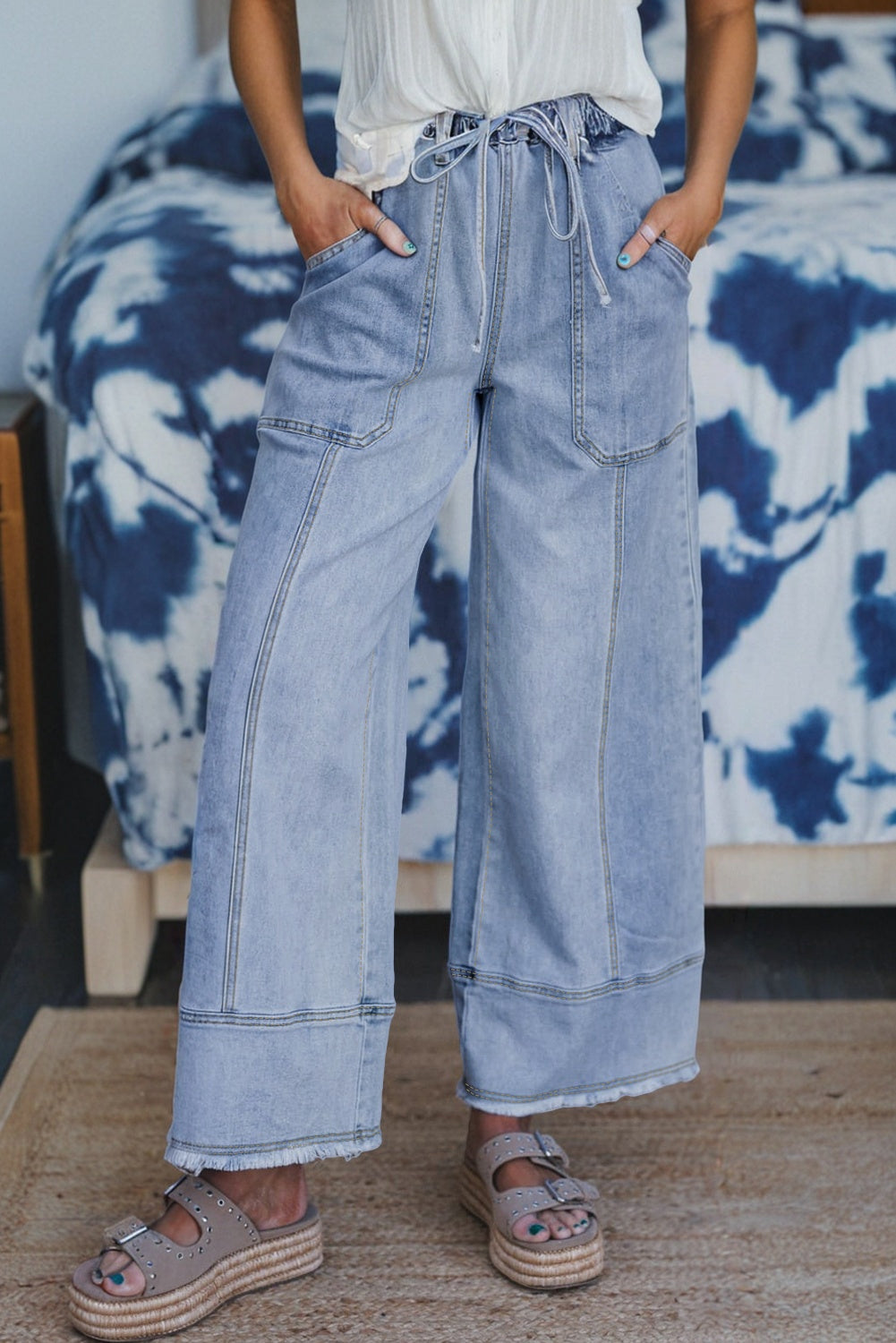 Prussian Blue Drawstring Waist Seam Detail Raw Hem Wide Leg Denim Pants