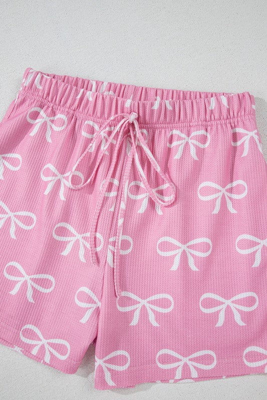 Bow Waffle Knit Lounge Set with Bowknot Detail T-Shirt and Shorts