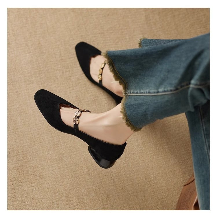 French Retro Square-Toe Suede Pumps Low-Cut Women’s Autumn Style