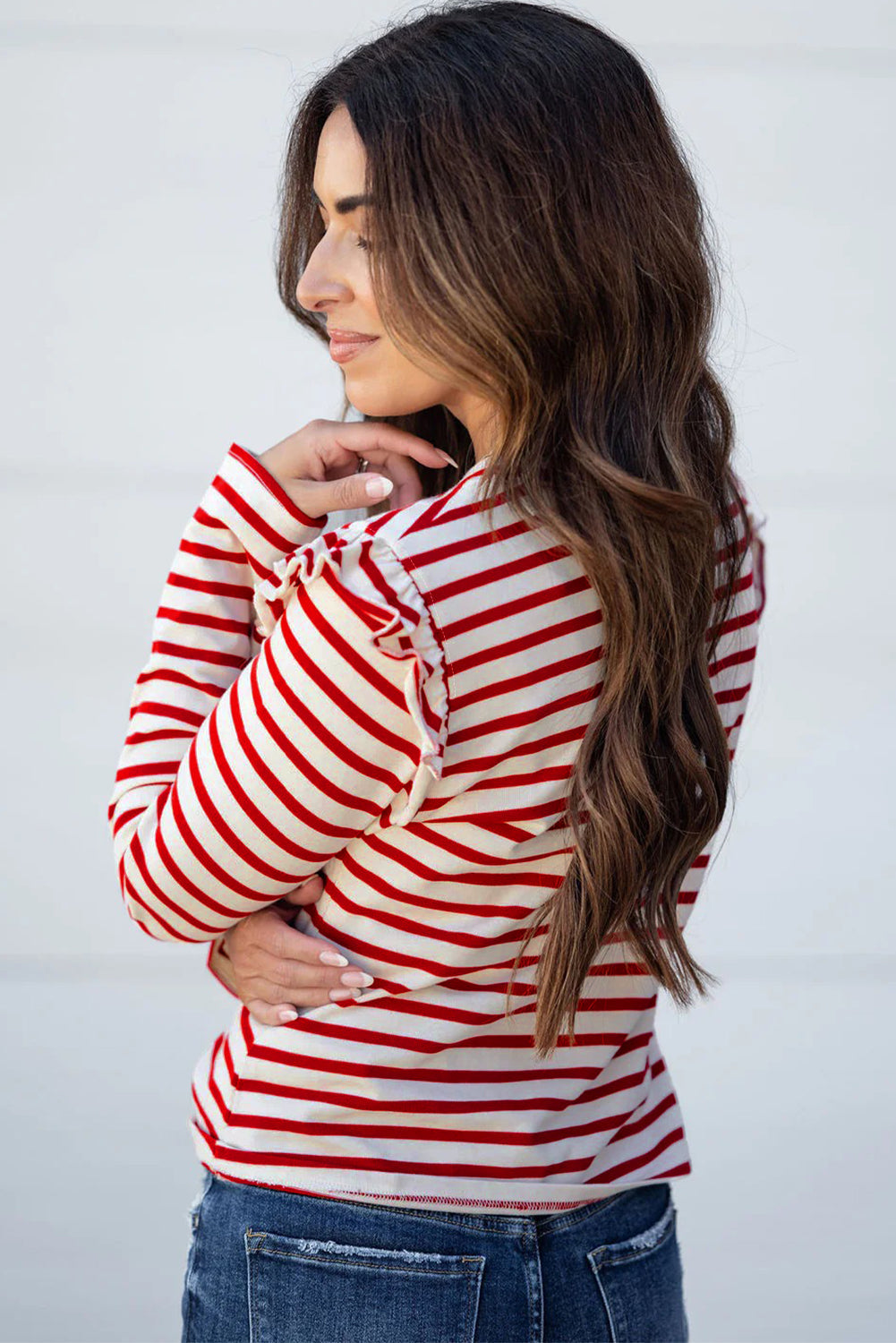 Red Stripe Ruffle Trim Long Sleeve Round Neck Top