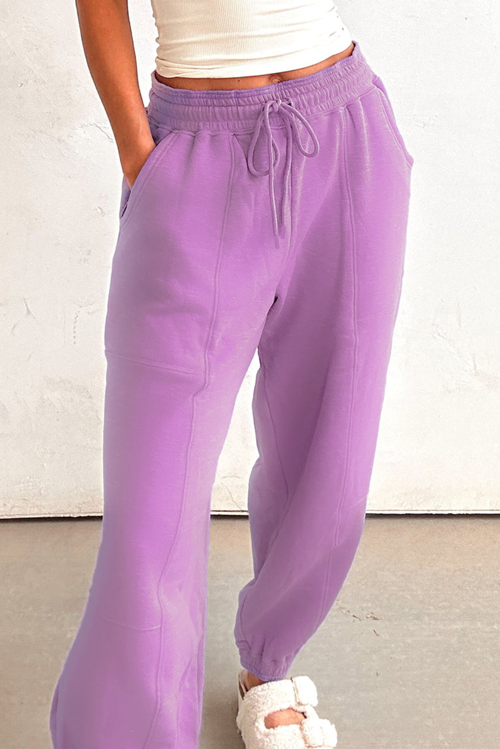 Lilac Tie Elastic Waist Solid Color Patchwork Jogger Pants