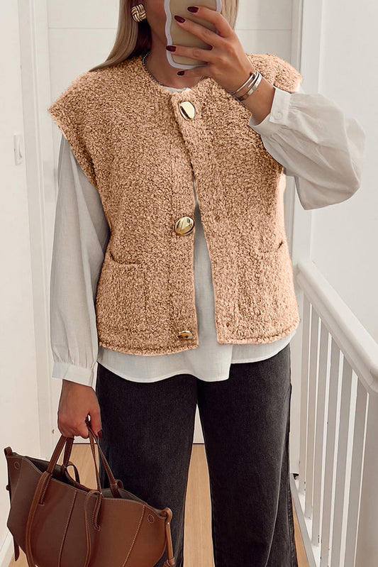 Light French Beige Fuzzy Pocket Vest Big Button Accent