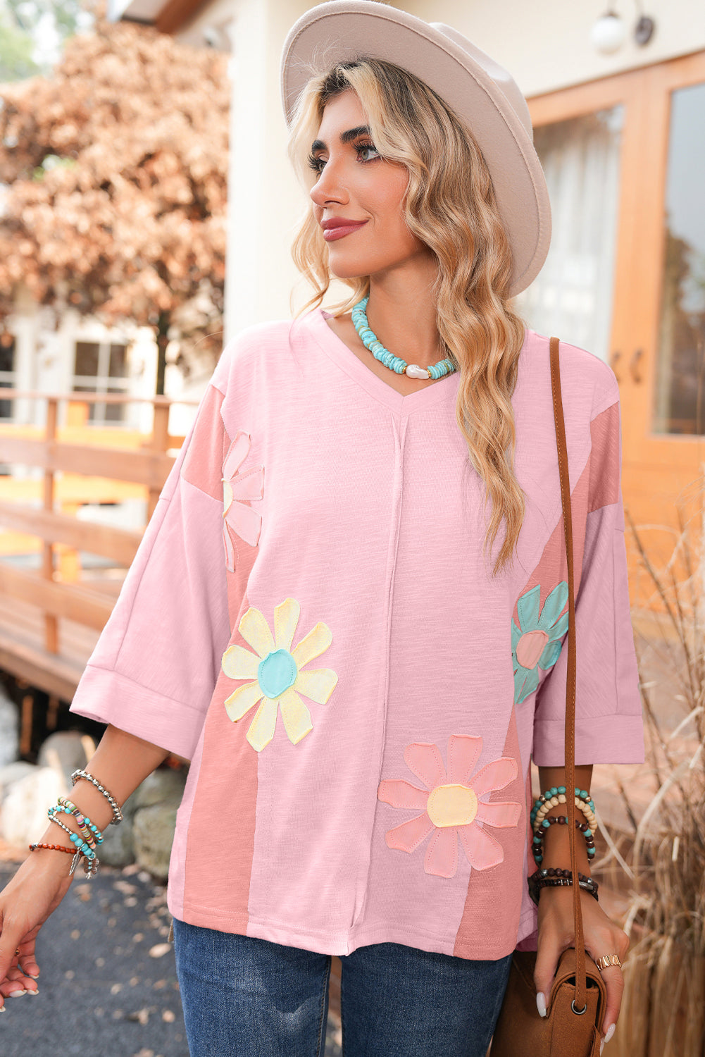 Green Flower Patched Exposed Seam 3/4 Sleeve Top