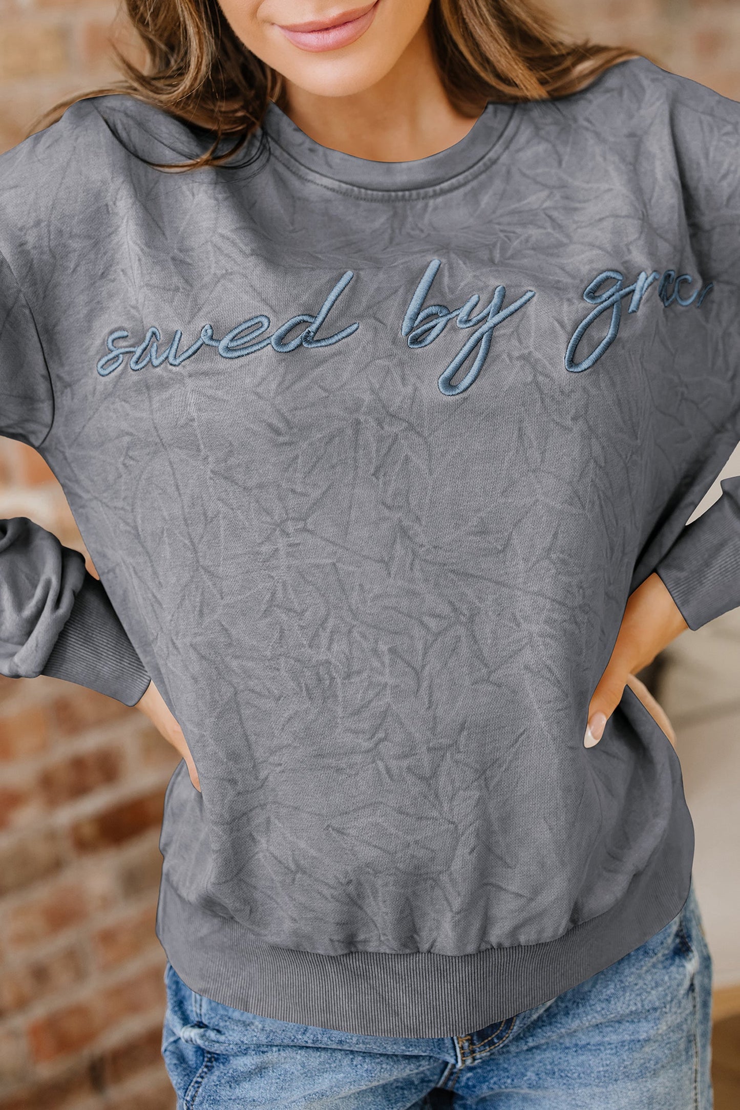 High-rise Mineral Wash Loose Sweatshirt Letter Embroidery