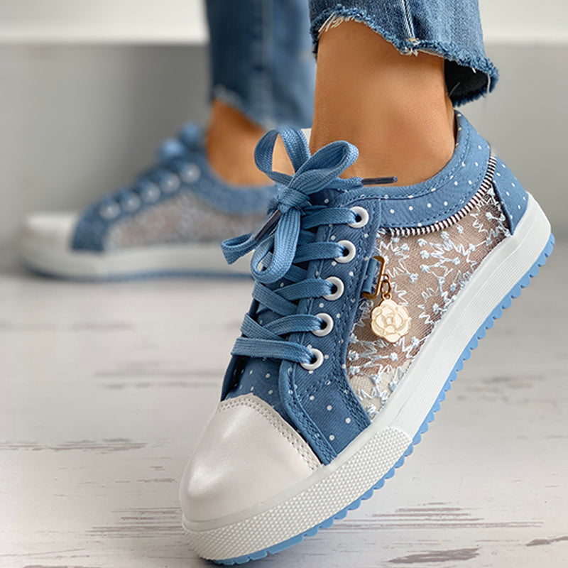 Floral Embroidered Polka Dot Print Sneakers Women's Casual Canvas Shoes