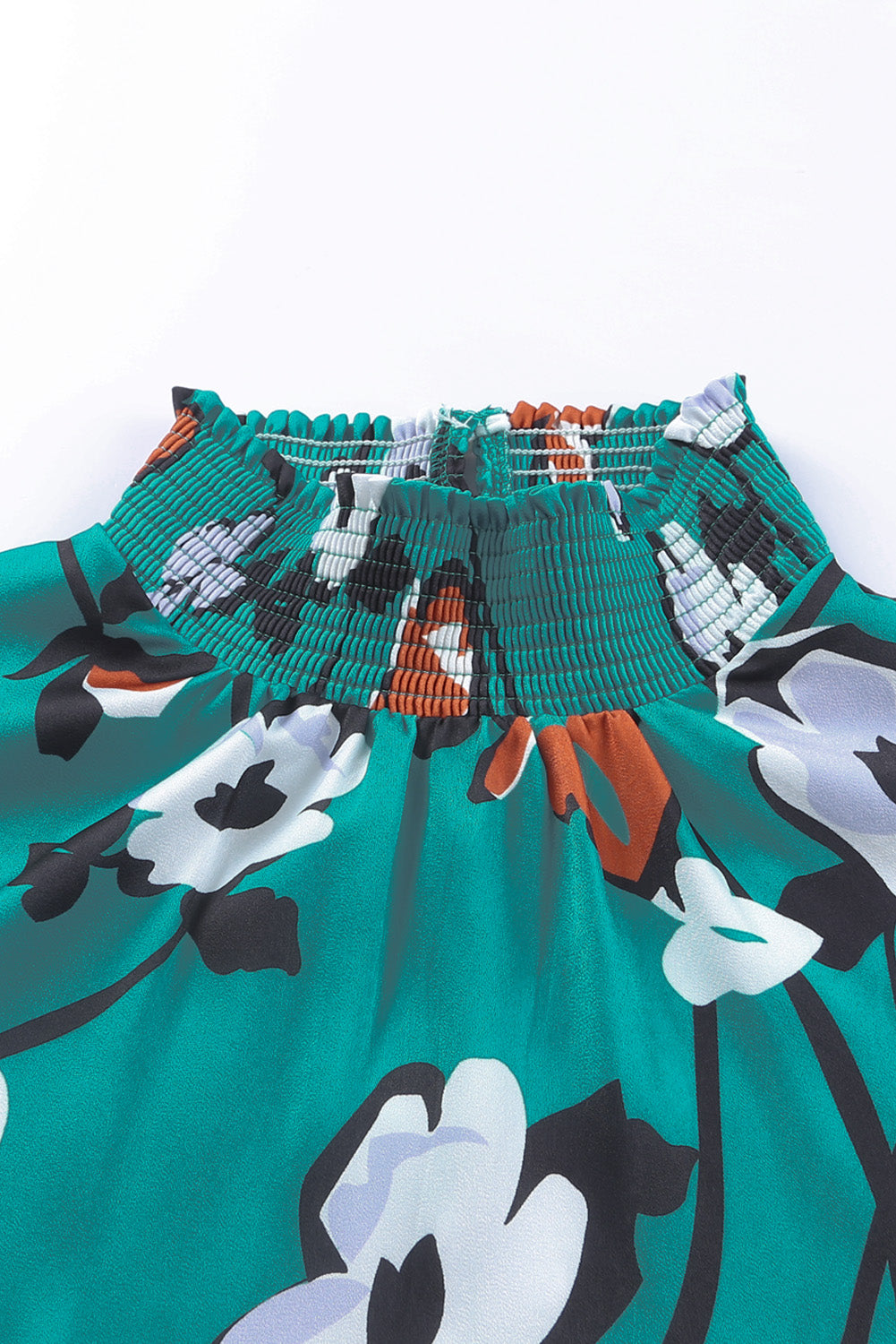 Green Floral Print Mock Neck Long Sleeve Silk Blouse