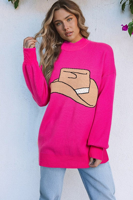 Glowing Hue Drop Shoulder Oversized Sweater Cowboy Hat