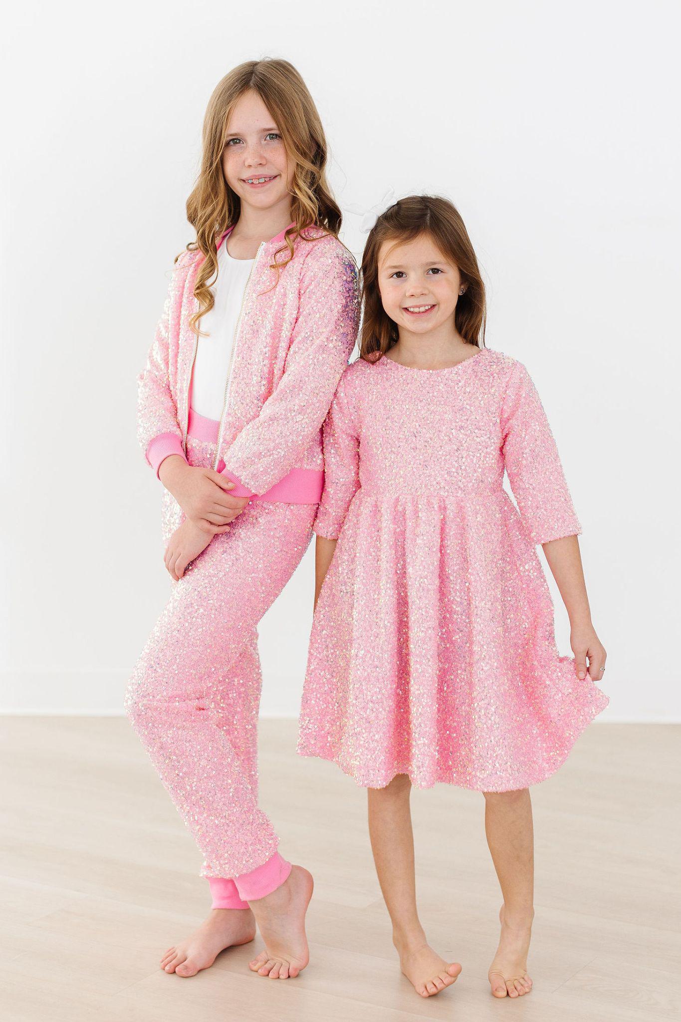 Bubblegum Pink Sequin Joggers Comfort Elastic Waist Mila & Rose