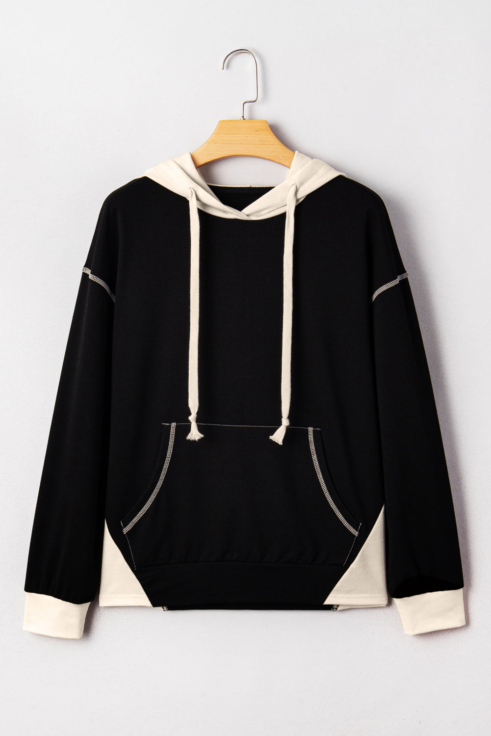 Black Contrast Trim Kangaroo Pocket Hoodie Sweatshirt