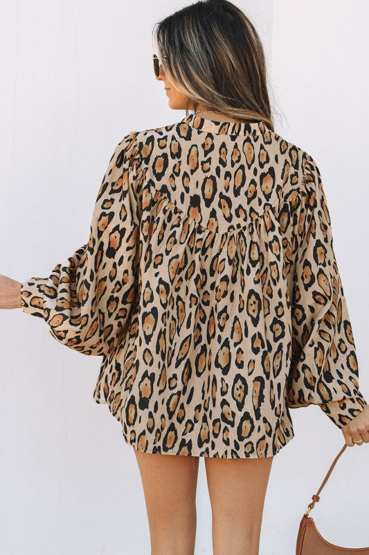 Leopard Balloon Sleeve Button-Up Shirt