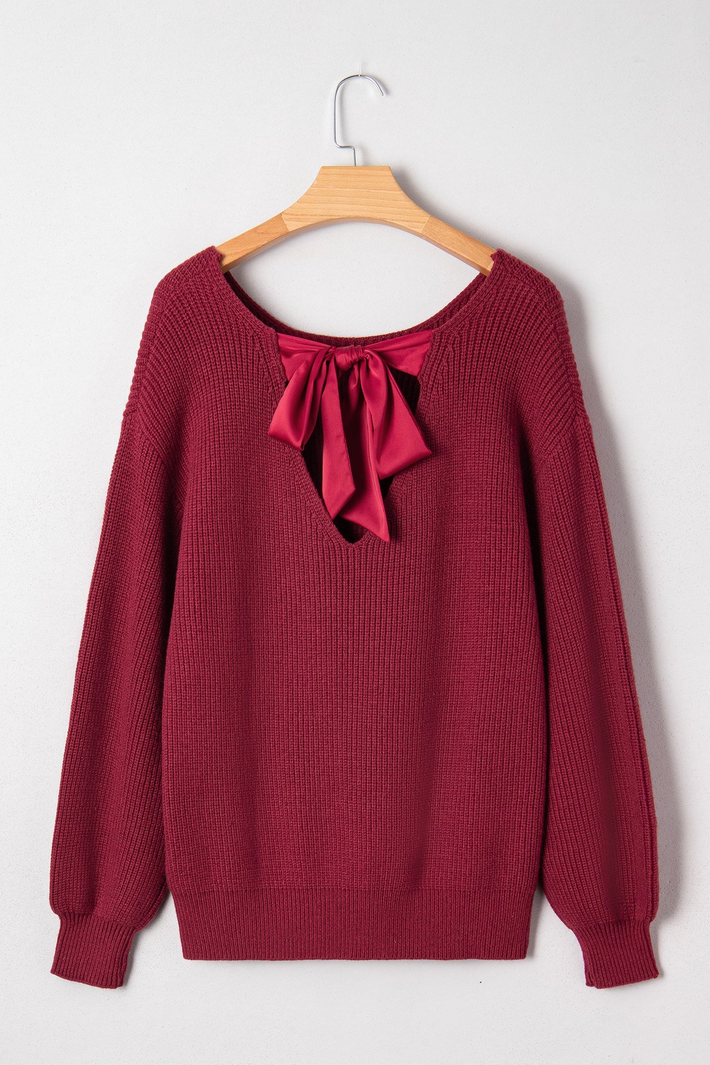 Ribbed Knit Ribbon Knot Backless Drop Shoulder Sweater