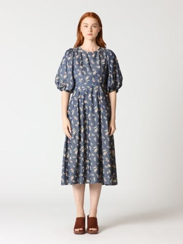 Floral Print Puff Sleeve Long Dress Round Neck Gracia D32724