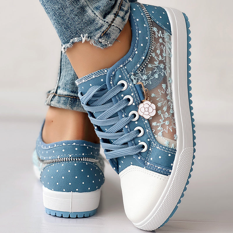 Floral Embroidered Polka Dot Print Sneakers Women's Casual Canvas Shoes