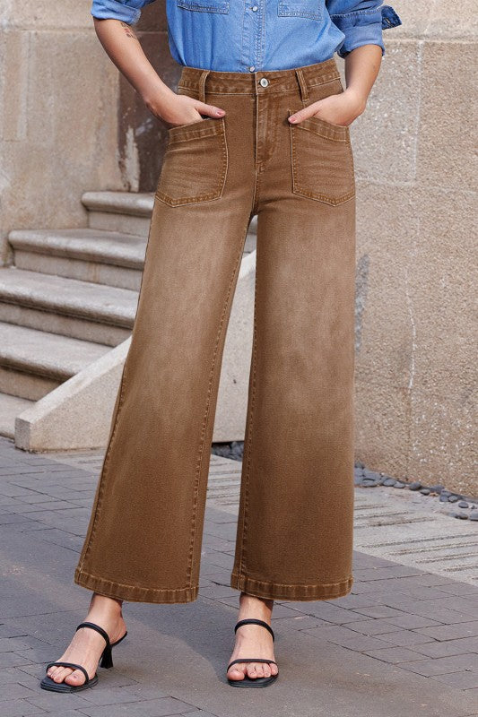 Denim High Waist Patch Pocket Straight Leg Jeans