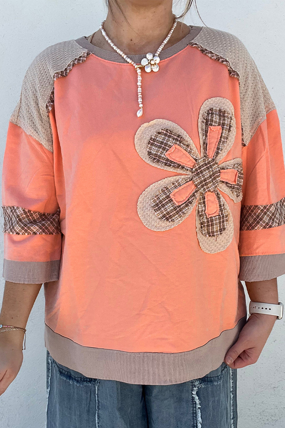 Grapefruit Orange Plaid Waffle Bracelet Sleeve Top