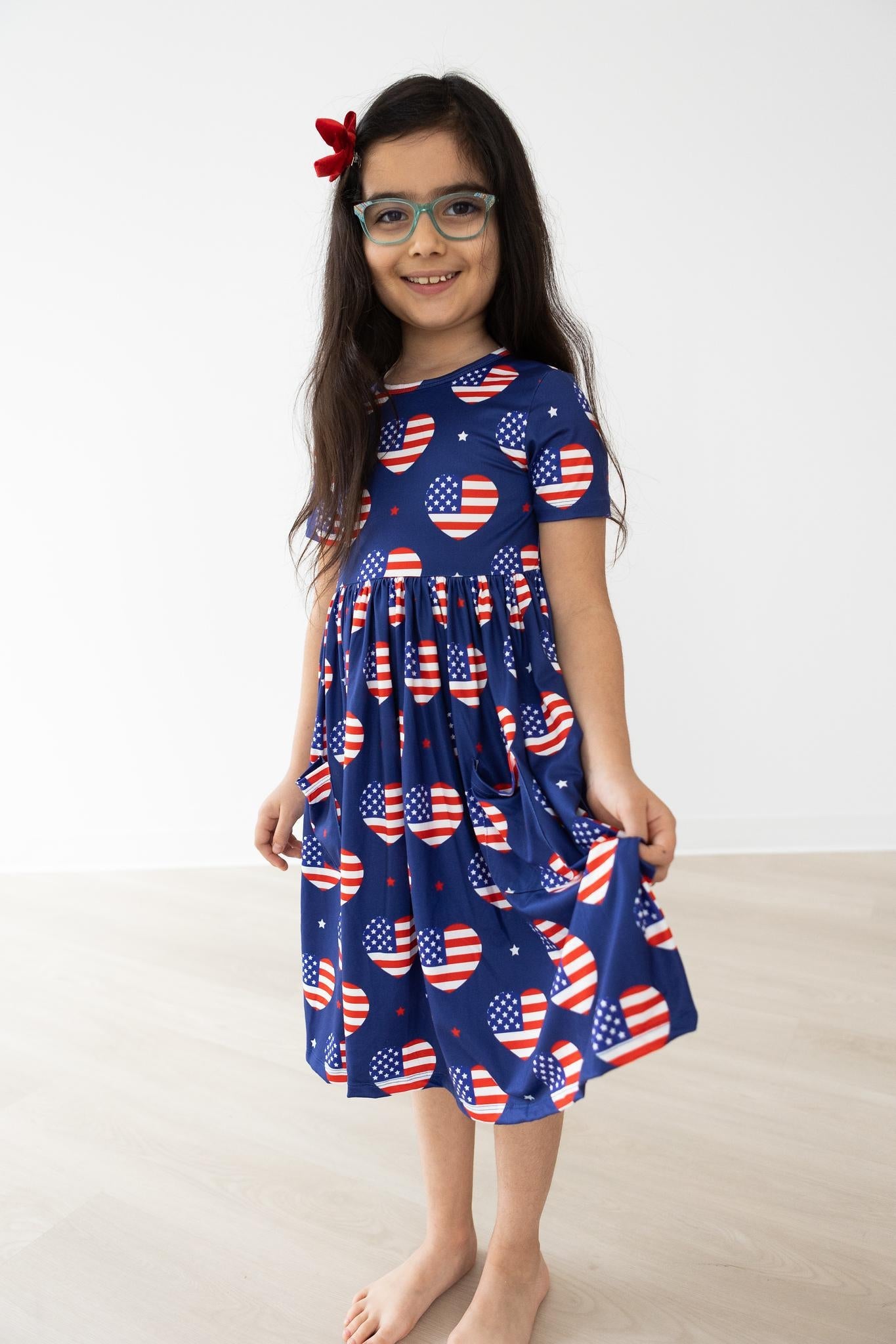 USA S/S Pocket Twirl Dress with Scoop Back and Full Skirt I Heart