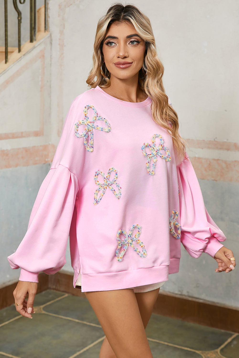 Light Pink Lantern Sleeve Oversized Pullover Sweatshirt