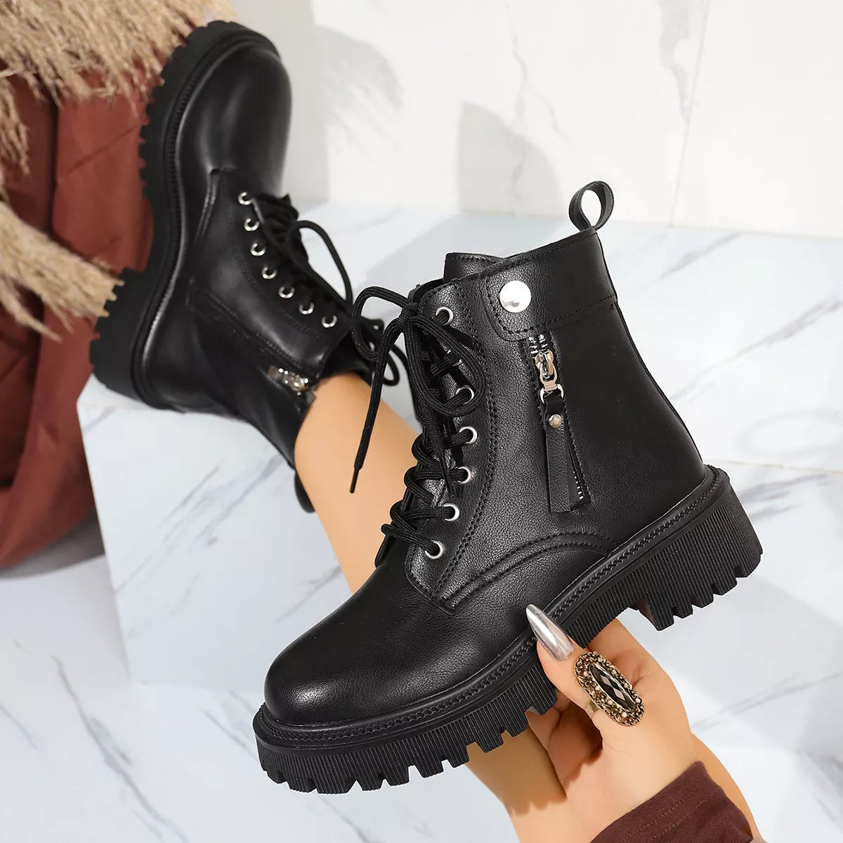 Round Toe Mid-Heel Block Heels Boots