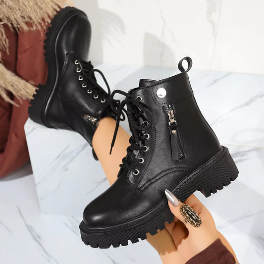 Round Toe Mid-Heel Block Heels Boots
