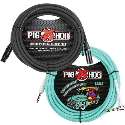 Pig Hog PHM25 8mm Microphone Cable 25 Ft and PCH20SGR Woven Guitar Cable 20 Ft