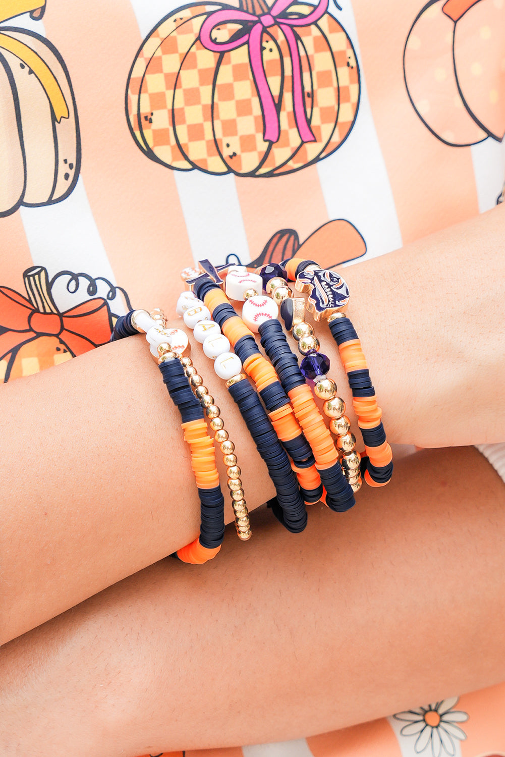 Russet Orange Stackable Football Bracelet Set 7pcs