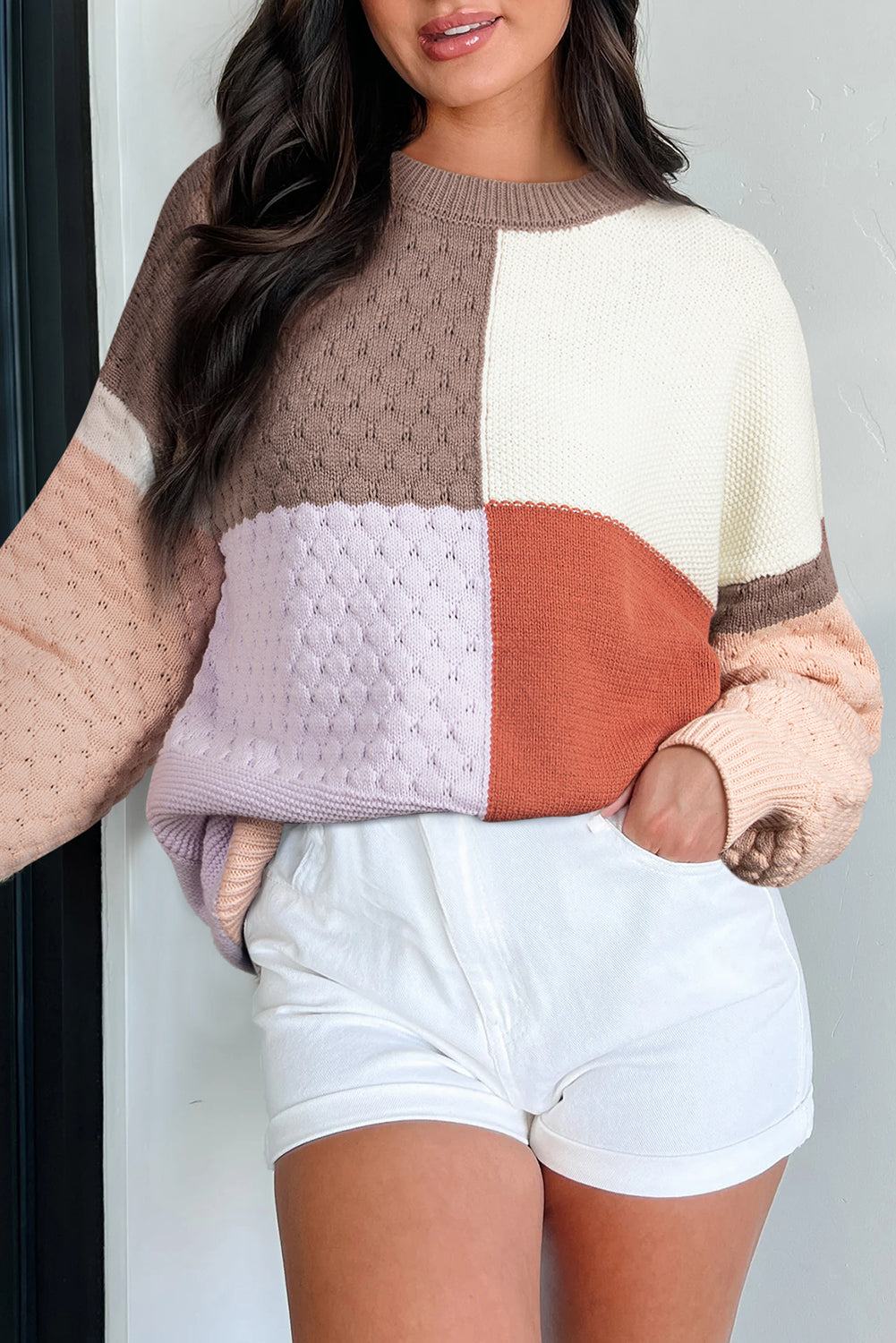 Colorblock Texture Knit Baggy Sweater Coffee Mix