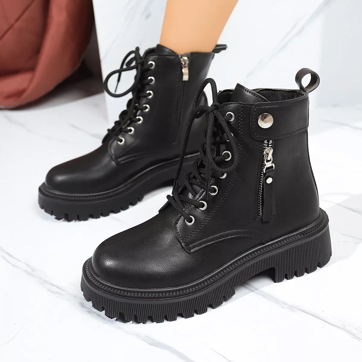 Round Toe Mid-Heel Block Heels Boots