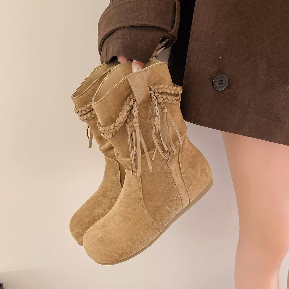 Suede Fringe Round Toe Boots Block Heel