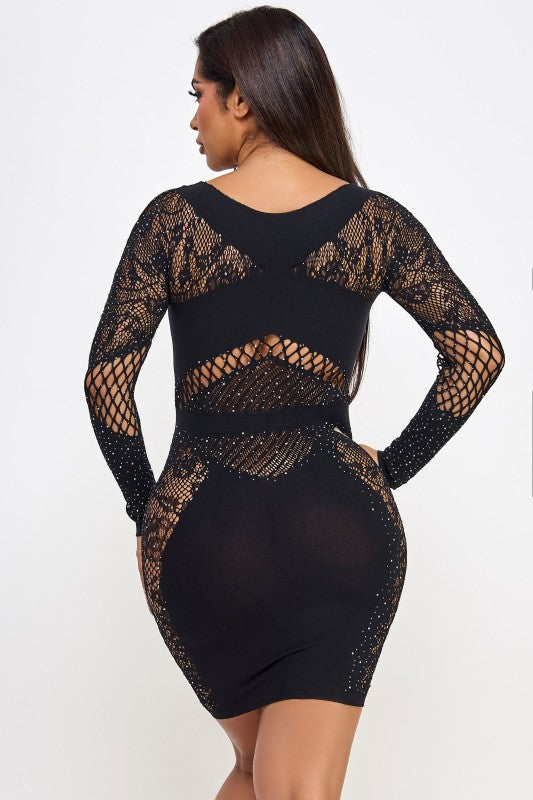 Celeste Contrast Rhinestone Lace Mesh Mini Dress