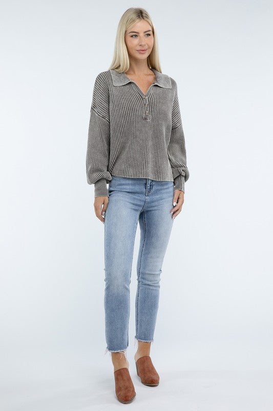 Washed Collared Henley Sweater Low Gauge Heavyweight Sweater
