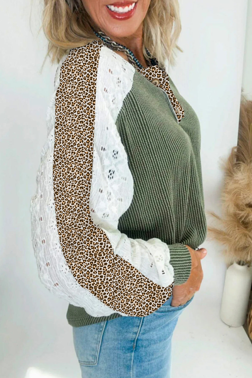 Leopard Patchwork Lace Sleeve Henley Top Medium-High Elasticity Vineyard Green