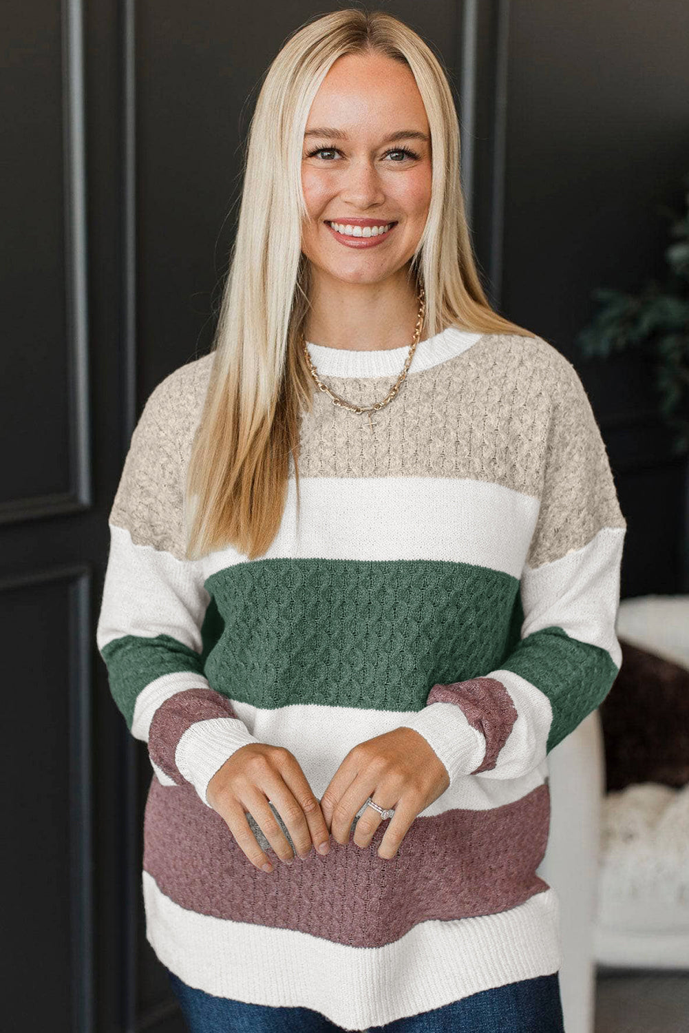 Brown Mixed Texture Knit Striped Colorblock Loose Sweater