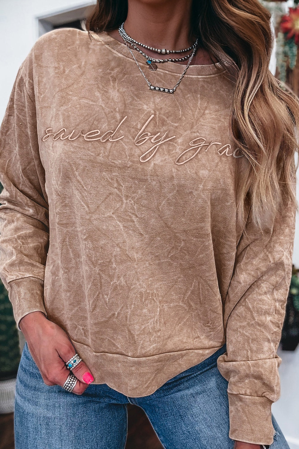 High-rise Mineral Wash Loose Sweatshirt Letter Embroidery