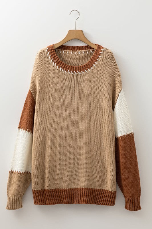 Plus Size Colorblock Knit Contrast Stitch Sweater