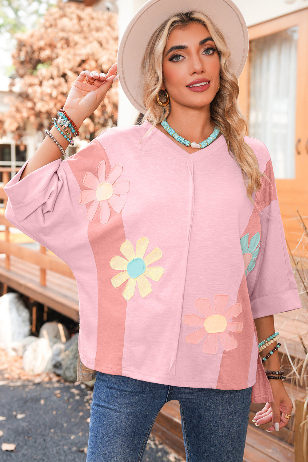 Green Flower Patched Exposed Seam 3/4 Sleeve Top