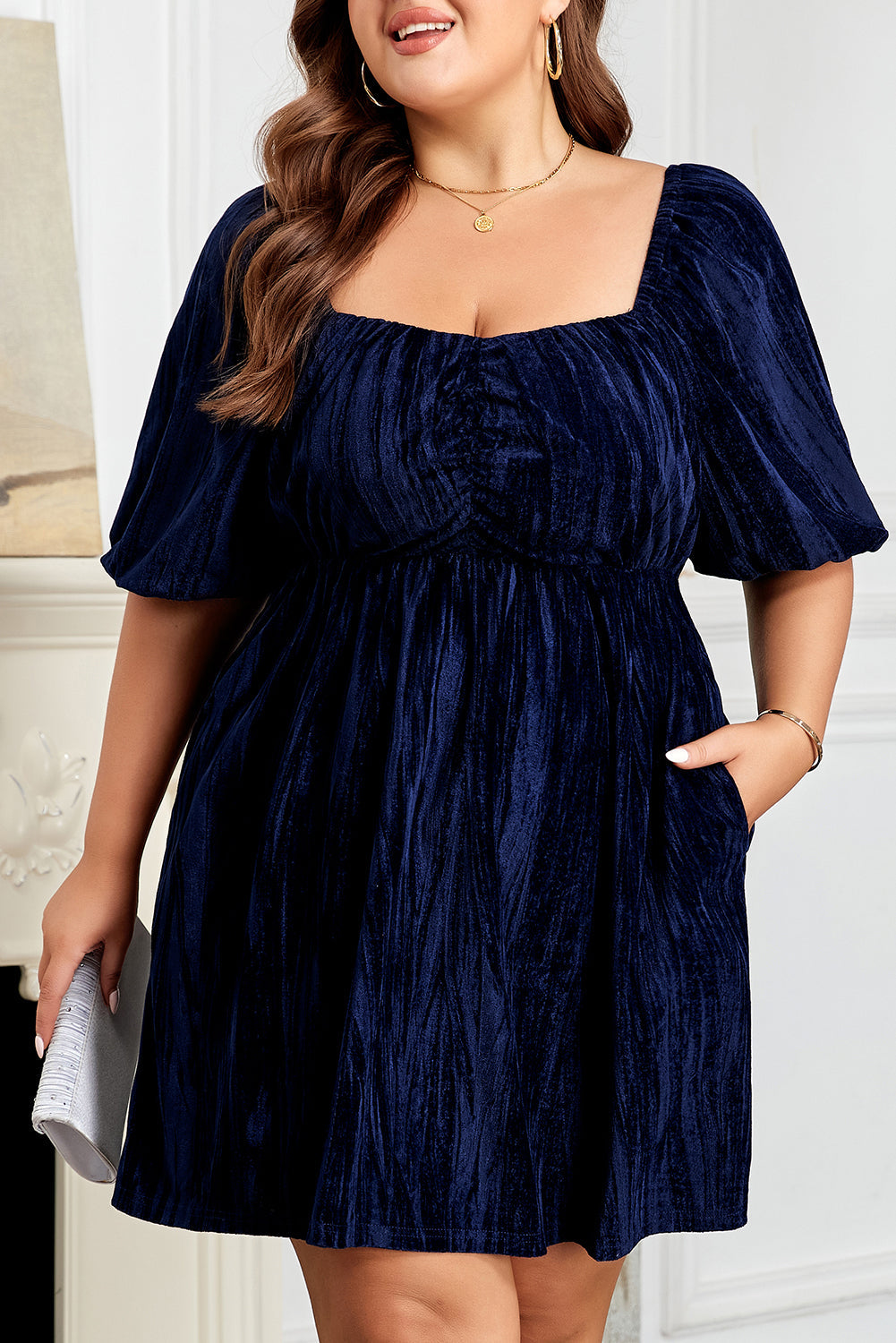 Navy Blue Velvet Ruched Bust Plus Dress with Square Neck and Short Puff Sleeve