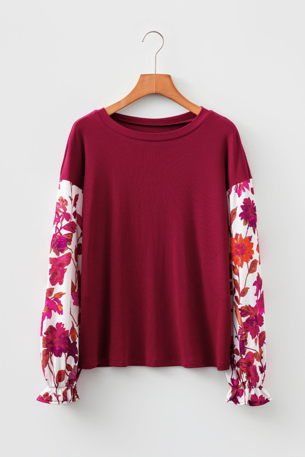 Wild Ginger Contrast Floral Sleeve Ribbed Body Patchwork Long Sleeve Top