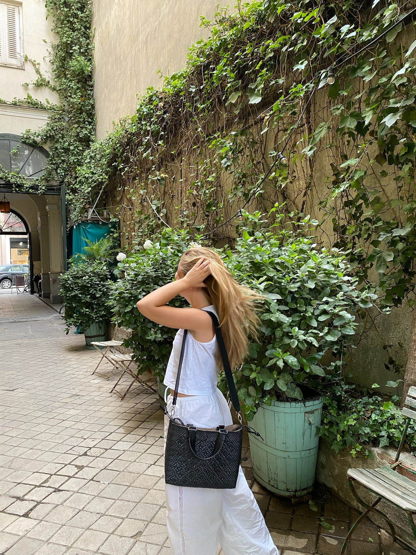 All Black Woven Medium Crossbody Drawstring Bag