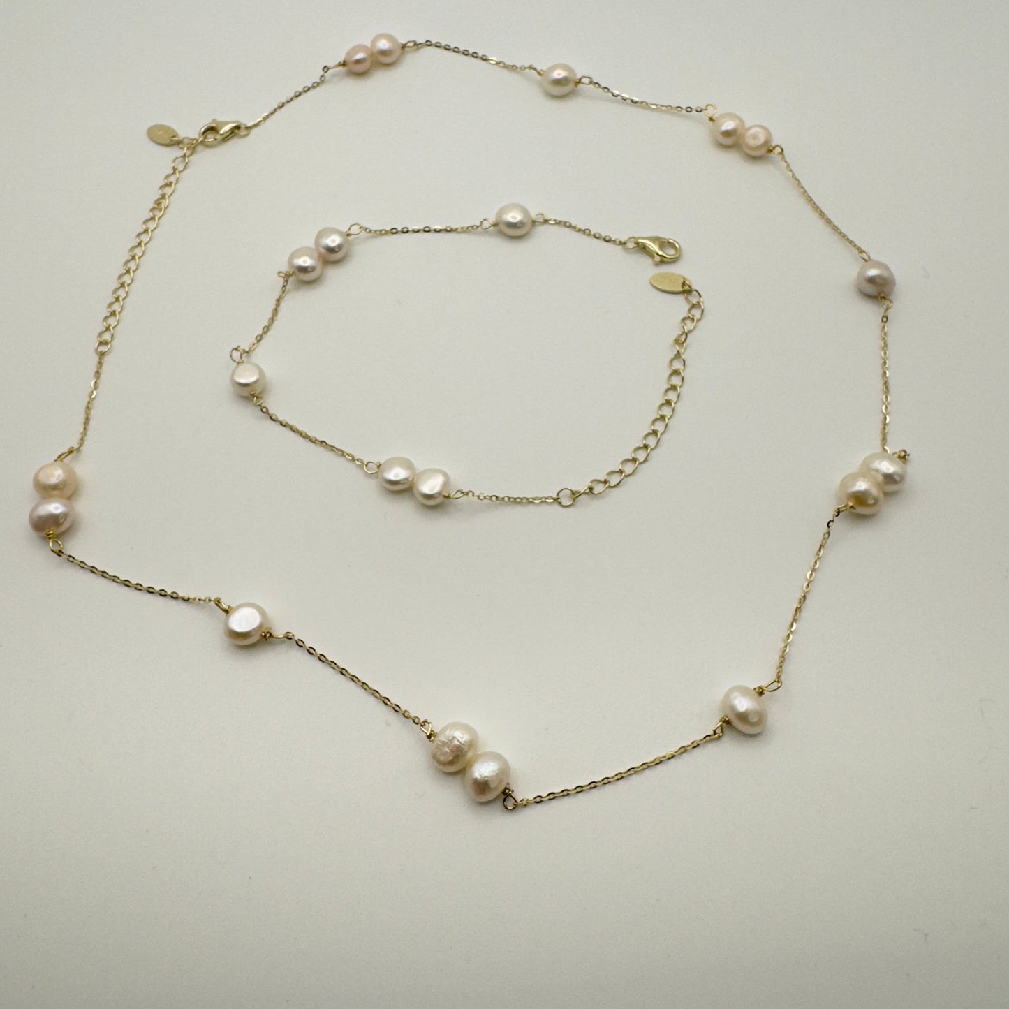 Luxe Pearl Station 925 Sterling Silver 14K Gold Plated Necklace & Bracelet Jewelry Set