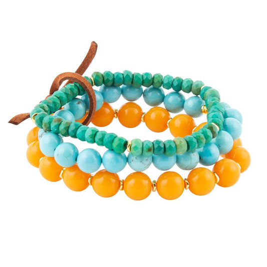 Apricot Blue Teals Triple Golden Bracelet Set