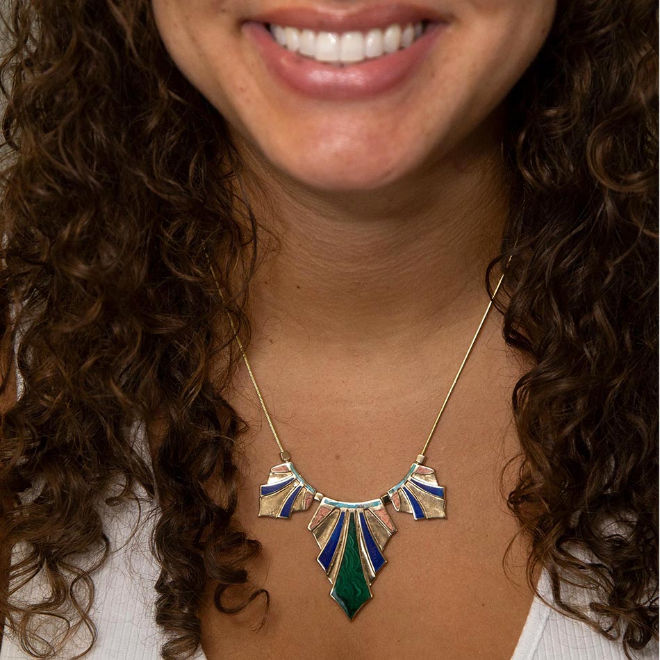 Art Deco Colorful Inlaid Golden Statement Necklace
