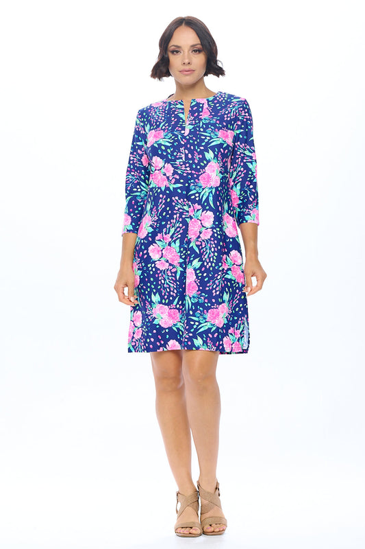 Navy Split Neck Dress