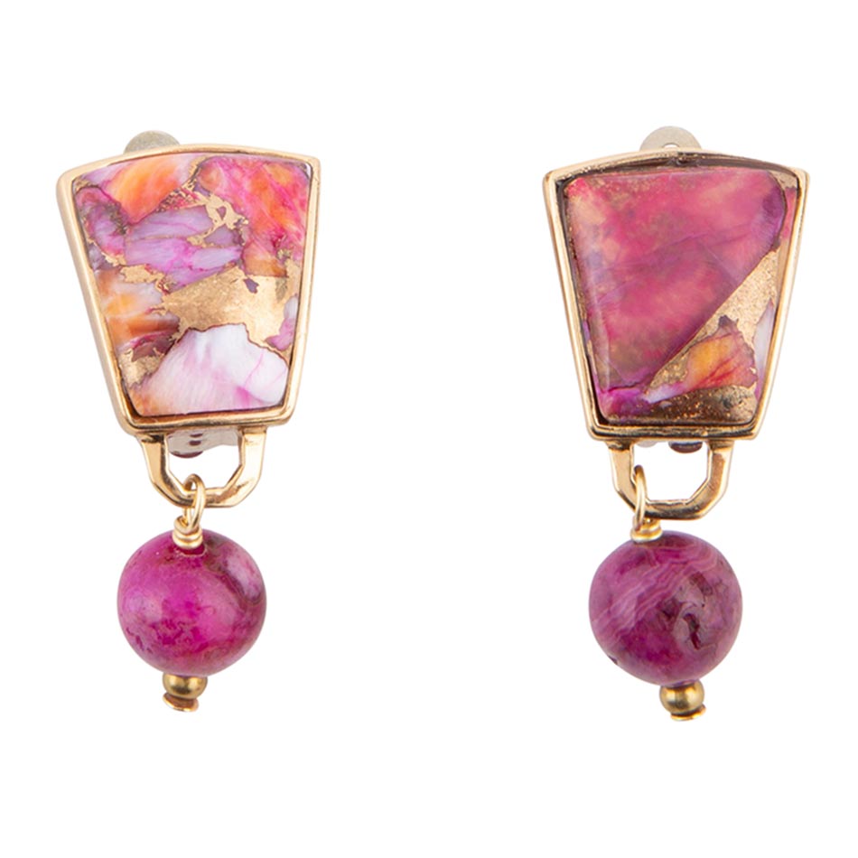 Athena Pink Spiny Oyster Matrix Golden Clip Earrings